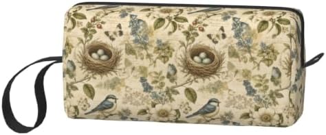 Bird Nest Botanical Toile Makeup Bag for Women, Cosmetic Pouch | Double-Sided Bird Nest Cosmetic Organizer with Foam Padding for Women, Travel, Gym, School, and Daily Storage