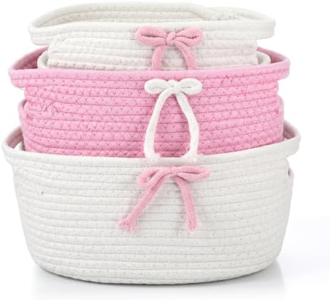 3 Pcs Bow Storage Baskets Woven Cotton Rope Laundry Hamper with Handles, Pink and White Set for Home Decor Organization, Nursery, Pet Toy Bin