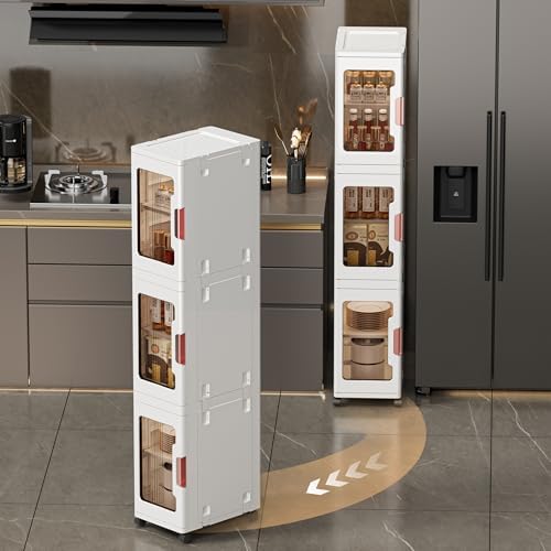 4-Tier Slim Tall Bathroom Storage Cabinet，Narrow Bathroom Storage Cabinet with Transparent Doors and Shelves, Suitable for Small Spaces, Bathrooms, Kitchens, Laundry Rooms,White (9.8x11.4x62.9)