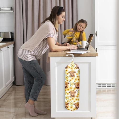 Highland Cattle Cow Plastic Bag Holder, Grocery Bag Holder for Kitchen | Plastic Bag Storage Organizer, Plastic Bag Holders for Grocery Bags Sunflower Home Kitchen Decor Gifts for Women Mom Grandma