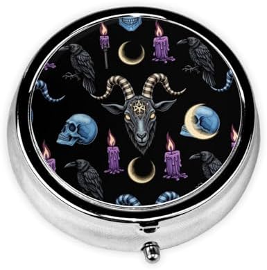 Travel Pill Case, Round Metal Organizer, Small Dispenser for Supplements, Pocket Purse Holder for Outdoor Adventures, Goth Raven Skull Goat