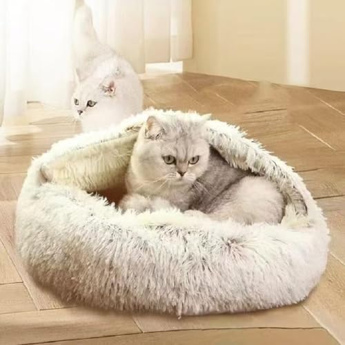 Cat Bed Round Fluffy Hooded Cat Bed Cave, Anti-Anxiety Cave Bed with Hooded Blanket, Cozy Cuddler Luxury Puppy Pet Bed, Anti-Slip Bottom and Machine Washable (Coffee, Medium)