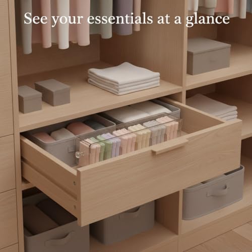 Clear PET Plastic Drawer Organizer with Dividers for Socks & Accessories, 14.6 x 3.0 x 3.6 Inches
