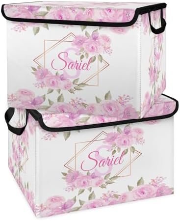 Pink Floral Storage Bin with Lid Personalized Storage Baskets for Organizing Foldable Closet Organizers with Handles,Cute Basket for Boys Girls for Clothes Blanket Pet Dog Toy Basket Storage (2 Pack)