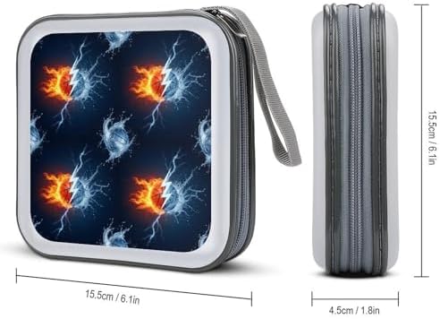 40-Capacity DVD CD Storage Wallet Ice Water Fire Flame Basketball, Heavy-Duty Hard Shell Binder, Portable Organizer with Strap for Car Travel