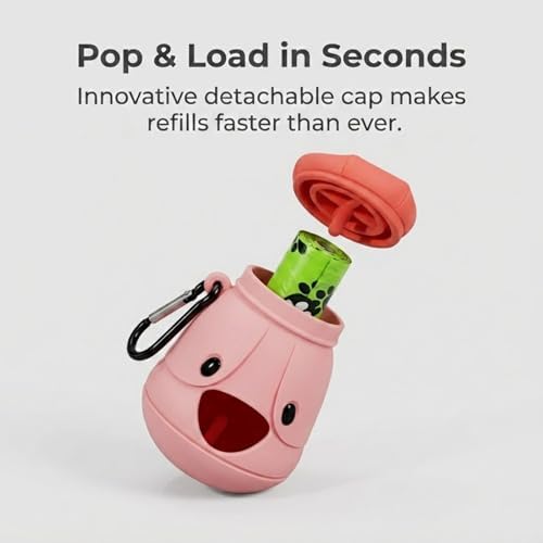 Dog Poop Bag Holder with Hands-Free Used Bag Clip & 1 Roll Bags | Cute silicone design with leash attachment and hands-free clip, making dog walking cleaner and more convenient outdoors