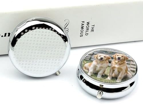 Round Small Pill Case 3 Compartment Metal Portable Travel Pillbox for Purse | Moisture Proof, Easy to Open, Fits Wallets & Pockets, Retriever Dogs Puppies Pets Pill Organizer for Vitamins Fish Oil