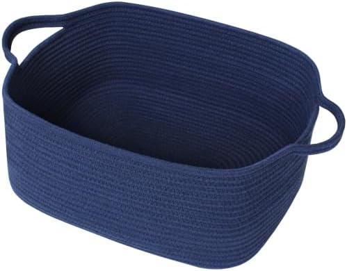 Large Blue Storage Basket, 16.5" x 12.5" x 7" Big Gift Basket Empty, Rectangular Woven Cotton Rope Bin with Handle for Gift, Kids Dog Toy Box, Baby Nursery Organizer, Navy Blue Home Decor