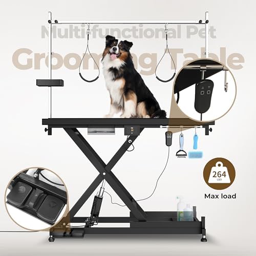 50 Inch Electric Dog Grooming Table, Heavy Duty Upgrade Extra Large Pet Grooming Tables with Overhead Arms, 2 Nooses & Tool Organizer, Height Adjustable Grooming Table for Home, Black