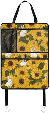 2 Pack Back Seat Car Organizer with Storage Pockets Kick Mats Back Seat Protector Hanging Car Organizer Automotive Seat Back Cover Organizers Autumn Sunflower and Cute Rabbit