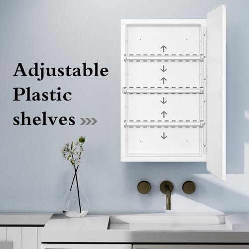 White 16 x 28 Wall Medicine Cabinet, Mirror with Adjustable Storage Shelves | White Bathroom Wall Cabinet with 3 Adjustable Plastic Shelves, Reversible Mirror Door & Hardware; Recessed/Surface Mounting