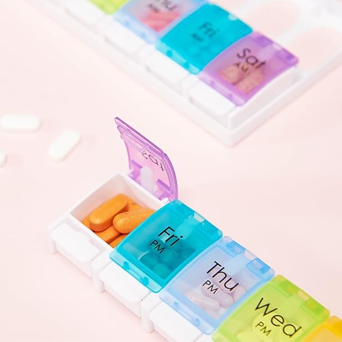 Push Button 7-Day Pill Case, Daily Travel Vitamin Medicine Planner | Twice a Day AM PM 14 Compartments Pill Box Organizer Reminder for Fish Oil, Supplement, Arthritis Friendly, Colorful Lids