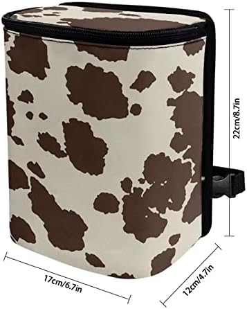 Brown Cow Car Trash Can with Lid Collapsible Reusable Waterproof Car Garage Bag, Cow Print Automotive Garbage Can, Car Accessories Interior Car Organizer with Adjustable Straps