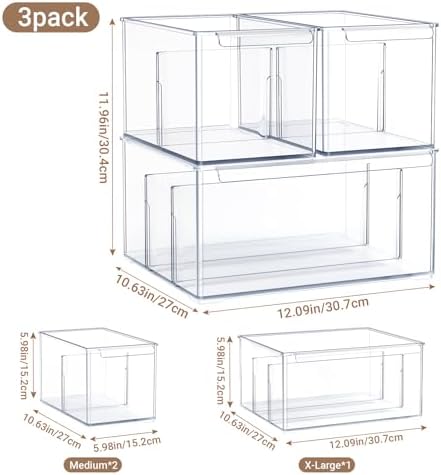 Clear Plastic Storage Bins with Dividers for Fridge Pantry Organizers and Storage Containers, 3 Pack Large Acrylic Stackable Sturdy Storage Boxes for Home Edit and Cabinet Organizers C6-2