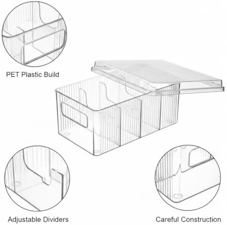 Lidded Storage Box with Adjustable Dividers, Clear PET Plastic Organizer Bin for Desktop, Crafts, and Home Organization, 9.8 x 5.1 x 4.2 Inches (1 PC)