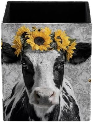 Sunflower and Cow Pen Holder for Desk Decor, Rectangular PVC Leather Pencil Cup for Desk Pen Organizer, Makeup Brush Holder for School, Home, Office