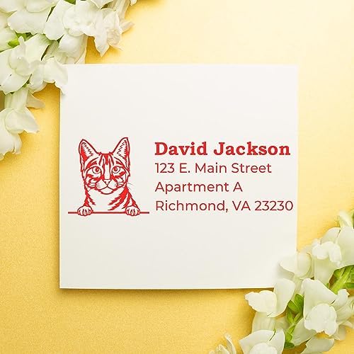 Peeking Egyptian Mau Cat Address Stamp Self-Inking - Clear Impressions | Personalized Address Stamp Egyptian Mau Cat. Custom Address Stamp for Holiday Cards. 4 case colors. Laser-cut.