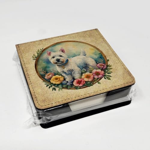 Caroline's Treasures Westie and Flowers PU Leather Note Paper Holder with Artist-Designed Cover, Desk Accessory, Office Gift