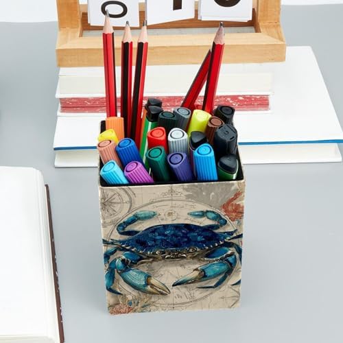 Map and Crab Pen Holder for Desk Decor, Rectangular PVC Leather Pencil Cup for Desk Pen Organizer, Makeup Brush Holder for School, Home, Office