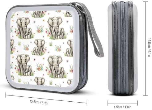 Portable CD Holder Case with Strap Elephants, 40-Capacity Hard Plastic Storage Binder, Protective Wallet for Car Office Travel