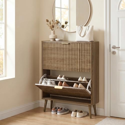 KIGOTY Narrow Shoe Storage Cabinet, Shoe Cabinet with 2 Flip Drawers, Freestanding Shoe Organizer with Legs for Entryway, Slim Shoe Rack Cabinet for Enterway (Light Brown, 2 Flip Drawer)
