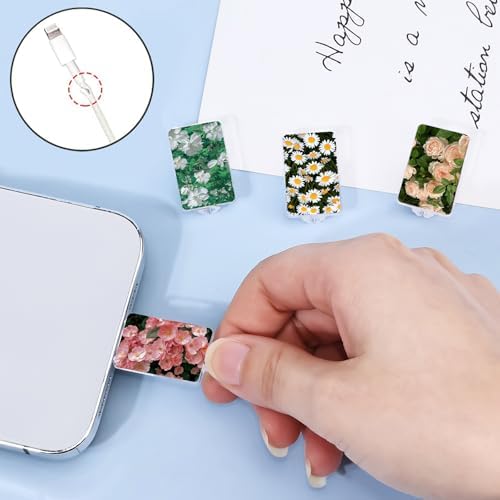 Flowers 4 PCS Cable Protector for iPhone Type-c Charger, Little Daisy/Pink Rose/Rosebuds Pattern Women Girls Phone Cable Case, Data Cable Saver,Charging Cord Protector for iPhone