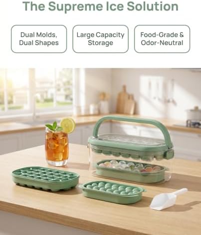 Ice Cube Tray with Bin and Lid, 54-Cell Dual Shape, Easy Release | 28 Square 26 Round Molds, Green, Easy Twist Release, Storage Bin with Collapsible Handle, For Freezer, RV, Camping, Parties