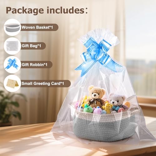 Small Woven Basket, 12" x 8" x 5" Gift Basket Empty with Ribbon and Gift Bag, Rope Basket for Baby Shower, Holiday Presents,Storage Basket with Handle for Nursery,Pet Toy Basket (White-Grey)