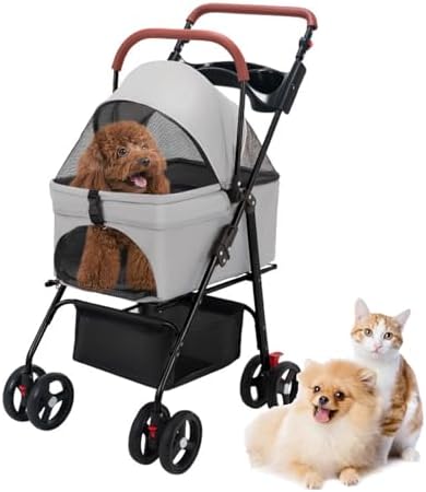 Foldable Pet Stroller with Weather Cover, Pet Strolling Cart with 4 Caster, Storage Basket and Cup Holder, Portable Jogger for Dogs & Cats Grey 1 Set