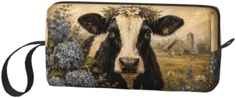 Black and White Cow with Hydrangeas Small Makeup Bag for Women | Double-Sided Farm Cow Hydrangea Cosmetic Organizer with Foam Padding for Women, Travel, Gym, School, and Daily Storage