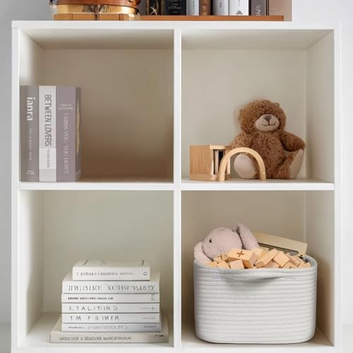 Cute White Woven Basket, Empty Gift Basket for Christmas, Thanksgiving, Easter, Birthday, Cotton Rope Storage Bin with Handle for Gifts, Toy, Blanket, Cat Dog Toy Box, Baby Nursery Organizer