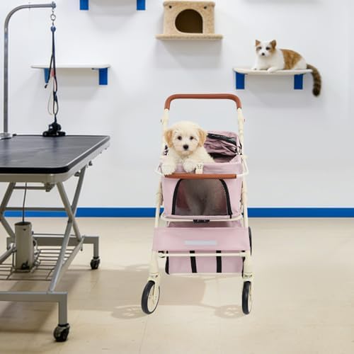 Foldable Pet Stroller Cart,Double Layer Dog&Cat Stroller for Pets (PK,PK) | Portable Pet Travel Cart with Storage, 360° Wheels & Safety Brake for Small Dogs, Cats, Outdoor Walks and Trips