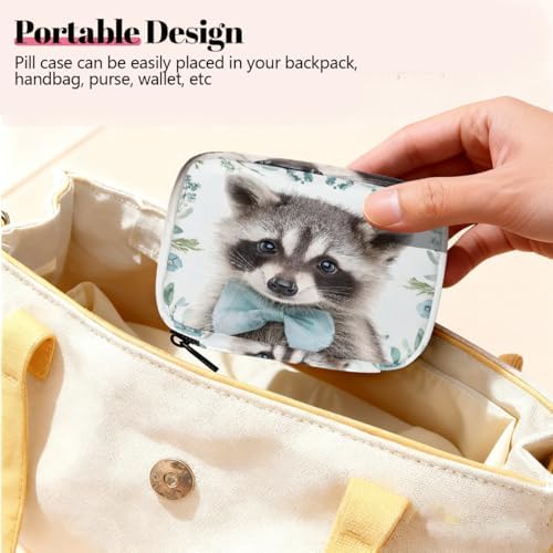 Weekly Pill Organizer Travel Size Bag with Removable 7 Day Pill Box Portable Vitamin Case Purse with Zipper,Raccoon Light Blue Bow