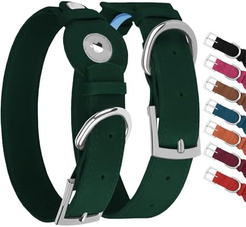 Leather Dog Collar with Airtag Holder - Apple Air Tag Dog Collars - Soft Tracking GPS Pet Collar for Small Medium Large Dogs Breed Puppy (Green, S, 9"-12" Neck Fit)