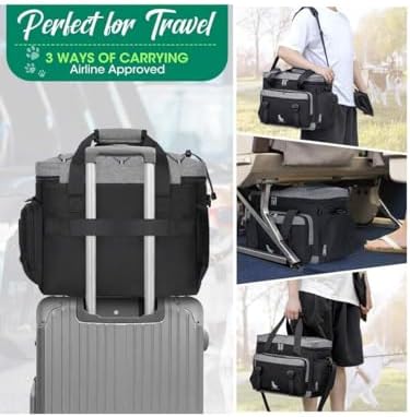 Premium Large Dog Travel Bag Weekend Pet Supplies Organizer Kit with 2 Extra Large Food Containers 2 Collapsible Bowls 1 Feeding Mat Multi Pocket (Black)