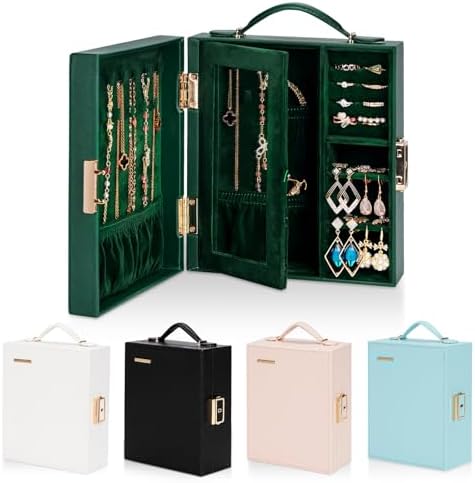 Enthralite Portable Travel Jewelry Case: Jewelry Box with Lock and Mirror | Quality PU Leather & Velvet Lined Jewelry Organizer - Large Capacity for Ring Earring Large Necklaces - Birthday Gift for Her