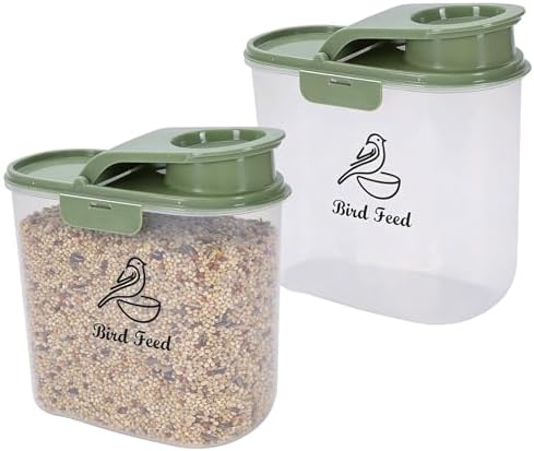2.1 Qt/2 L Bird Seed Storage Container with Flip Lid & Pour Spout, 2 Pcs Airtight Bird Food Container with Scale for Sunflower Seeds, Portable Travel Kibble Storage Dispenser for Small Animal