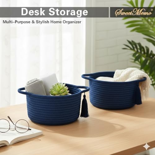 Small Gift Basket Empty to Fill with Gift Bag & Ribbon, Navy Blue | Cute Decorative Mini Woven Rope Basket with Handles for Gifting; Reusable for Bathroom Counter or Desk Catchall, 8 x 4.7 in