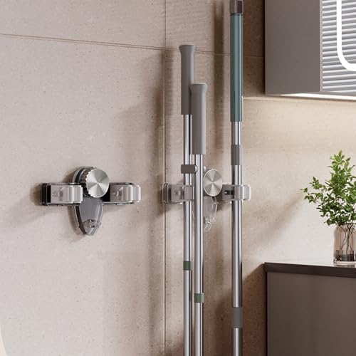2 Pcs Adjustable Suction Cup Broom Holder & Mop Hanger No Drill Wall Mount Rack Garage Storage Space-saving Removable Organizer for Bathroom, Laundry Room, Kitchen, Home Garden, Garage Storage