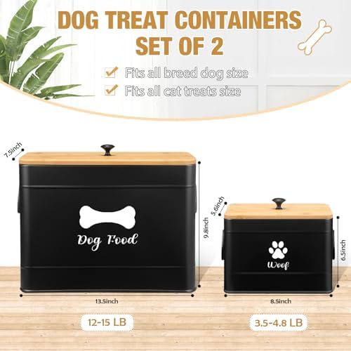 Newtay 2Pcs Extra Large Metal Dog Food Containers Airtight 12 & 3.5 Lbs Dog Treat Snack Jars Set of 2 with Bamboo Lids and Spoons Farmhouse Big Pet Cookie Storage Jars for Kitchen Counter Gift(Black)