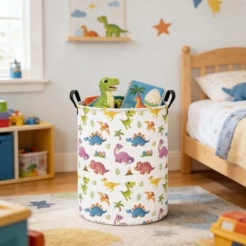 Round Laundry Basket Collapsible Storage Hamper Organizer Cute Dinosaur | Waterproof Canvas Foldable Baskets with sturdy Handles Multi-scene Organizer for Home Play Bedroom Gift Bin