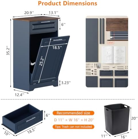 Single 10 Gallon Tilt Out Trash Can Cabinet with Deodorizing Function, Wooden Hidden Garbage Can Holder with Storage Drawers for Kitchen and Dining Room, Laundry Hamper Cabinet for Bathroom, Blue