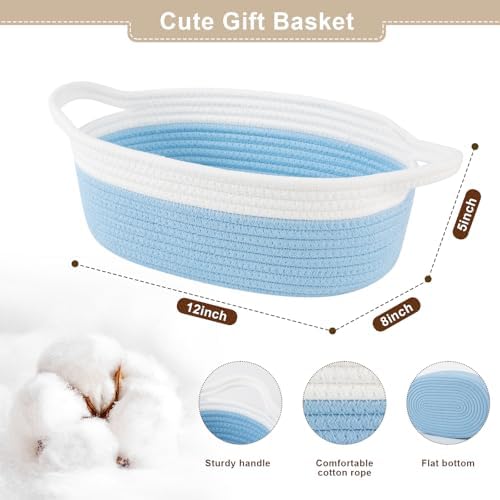 OIAHOMY Gift Basket Empty with Handle, 12"x 8"x 5" Small Woven Basket with Gift Bag, Ribbon and Wrap Tissue Paper, Dog Toy Storage for Organizing - Sky Blue & White