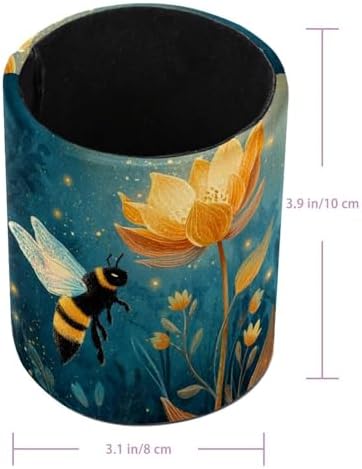 Faux Leather Pen Holder for Desk, Pencil Organizer Bee Pen Cup Desk Decor Makeup Brush Holder Storage for Office Home