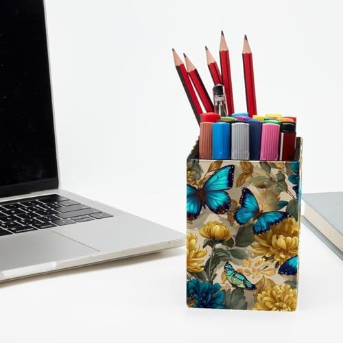Butterflies and Flowers Pen Holder for Desk Decor, Rectangular PVC Leather Pencil Cup for Desk Pen Organizer, Makeup Brush Holder for School, Home, Office