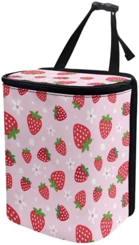 Pink Strawberry Car Trash Can with Lid - Collapsible Waterproof Garage Bag, Reusable Hanging Cute Automotive Garbage Bin, Adjustable Strap, Interior Organizer