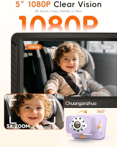 S100C Baby Car Camera USB Powered, Crystal Clear Auto IR Night Vision in Total Dark, Adjust Brightness & 1080P 5" IPS Monitor, 3X Zoom & 360° Rotating Carseat Camera for Rear or Forward-Facing Infant