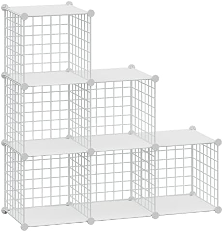 HUBSON Wire Cube Storage Organizer, Book/Toy/Craft/Potted Plants and petCloset Organizers and Storage Shelves, 6-Cube Freely Combinable Metal Grids Storage Shelf,White Plus Iron