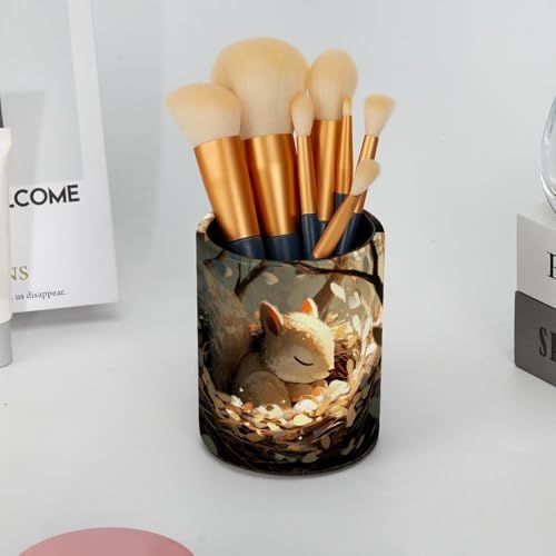 Faux Leather Pen Holder for Desk, Pencil Organizer Squirrel Pen Cup Desk Decor Makeup Brush Holder Storage for Office Home
