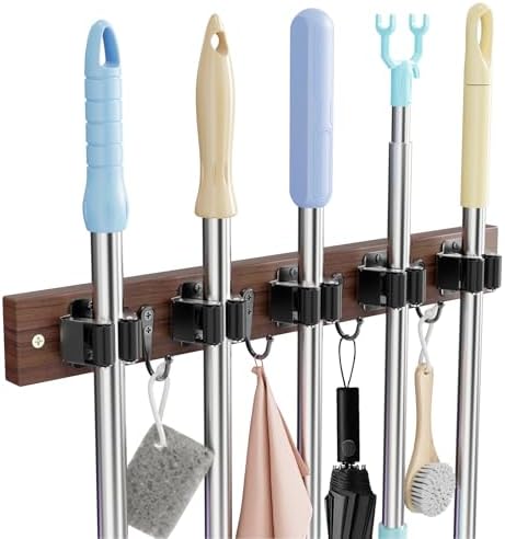 Broom Holder Wall Mount, Rustic Wood Broom Hanger with 5 Racks and 4 Hooks, Laundry Room Organization and Storage, Mop Holder for Home Decor, Garden, Garage, Kitchen, Closet (Black walnut Wood)